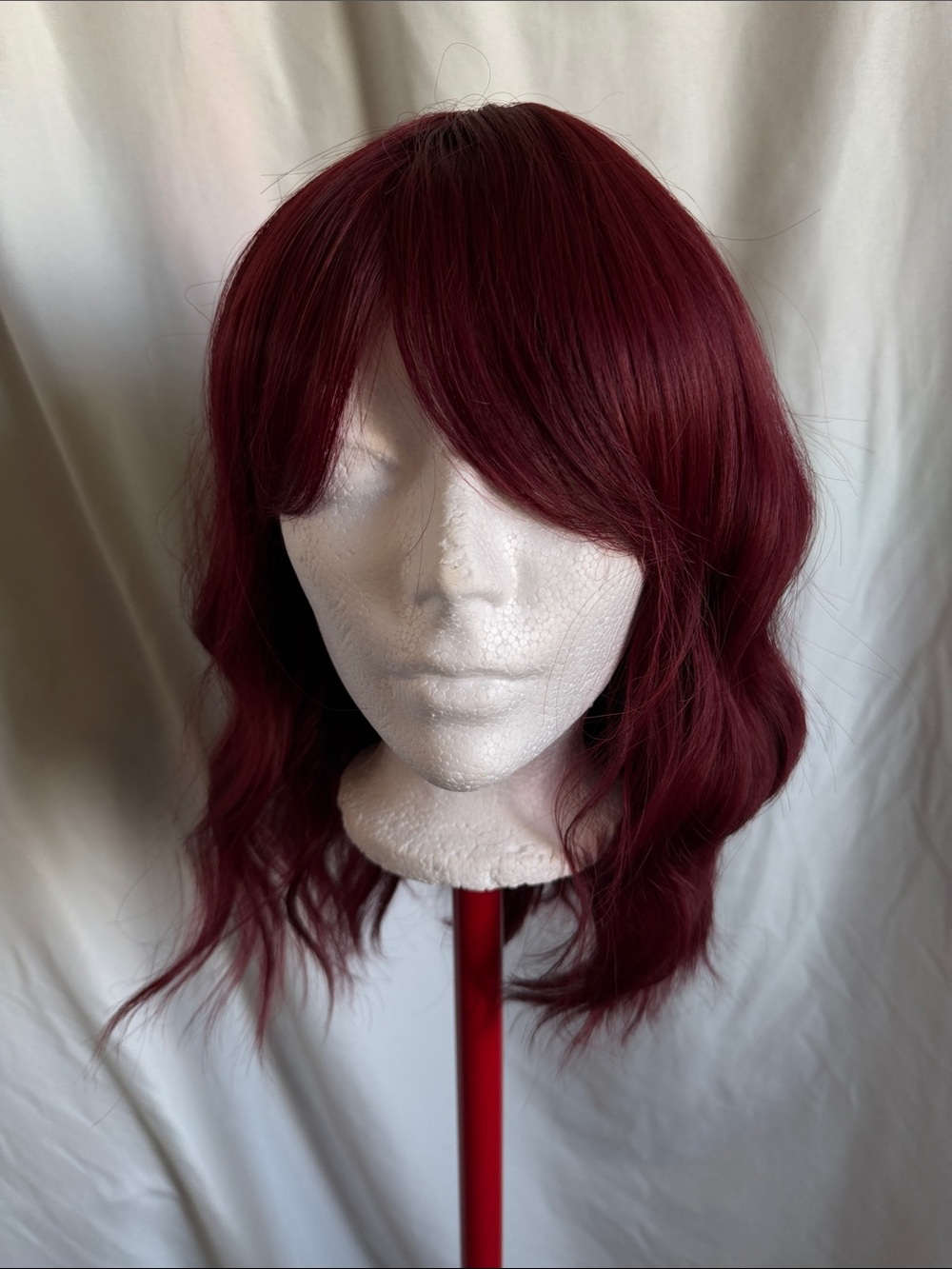 Deep Burgundy Wavy Synthetic Wig with Side-Swept Bangs